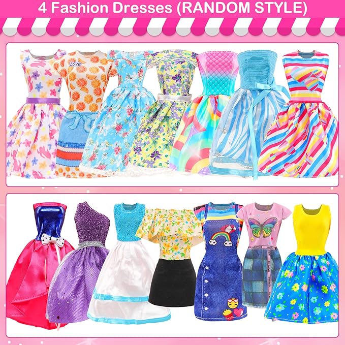 BARWA 37 Pcs Doll Clothes and Accessories for 11.5 Inch Girl Dolls Including 1Sequin Wedding Gown, 5 Tops 5 Pants, 4 Fashion Dresses, 2 Swimwear, 10 Hangers, 5 Pairs of Shoes, Bags, Glasses, Camera