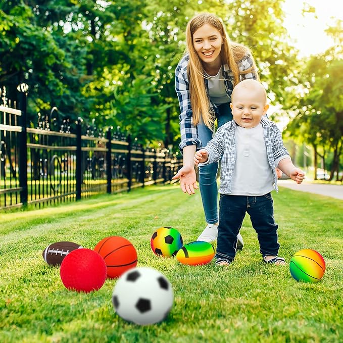 EVERICH TOY Balls for Toddlers 1-3, 7 Pcs 5" Playground Balls for Kids, Soft Rubber Small Sports Ball Set with Football, Basketball, Soccer, Indoor Outdoor Toddler Toys Games Gifts for Boys Girls