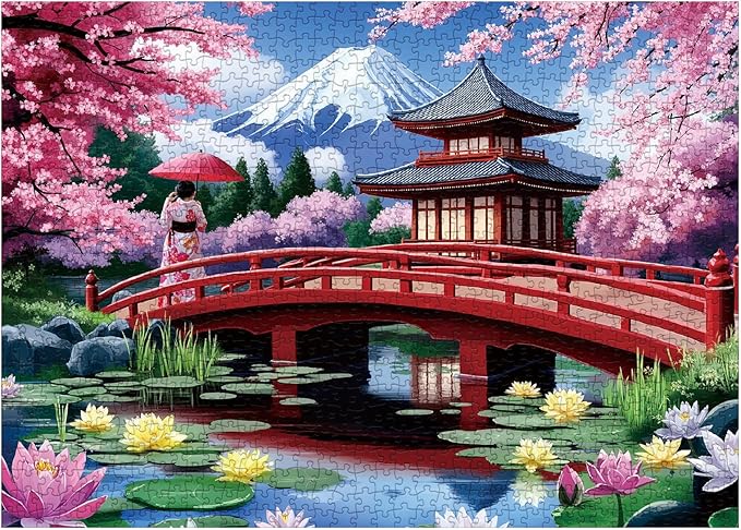 Japan Garden Landscape Puzzle for Adults 1000 Pieces, Flower Floral Mountain Jigsaw Puzzle, Beautiful Cherry Blossom Lotus Asian Japanese Puzzle