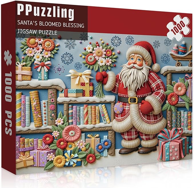 Christmas Puzzles for Adults 1000 Piece, Santa Claus Bookshelf Jigsaw Puzzle, Flower Book Puzzle as Funny Winter Holiday Xmas Decor