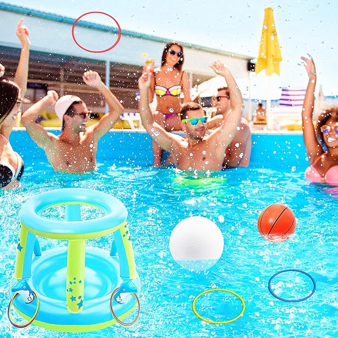 Jasonwell Pool Toys Games Set - 3 in 1 Pool Volleyball Net Basketball Hoop Ring Toss Game Inflatable Floats Water Floating Volleyball Swimming Pools Games Party Gift for Kids Adults (Blue&Yellow, XL)