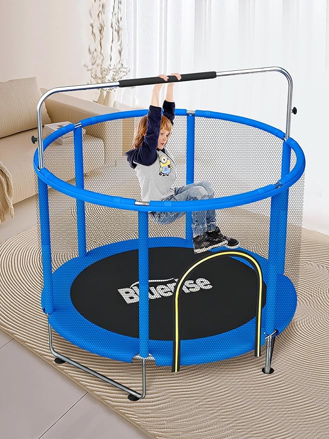 BLUERISE 55IN 6FT Toddler Trampoline for Kids Indoor Outdoor Play for Kids Trampoline Basketball Hoop Attachment with Enclosure Net Easy to Assemble