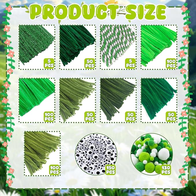 X Hot Popcorn 790 Pcs Pipe Cleaners Green Pipe Cleaners Bulk Pipe Cleaners Craft Chenille Stems for DIY Art Craft St. Patrick's Day Party Decorations