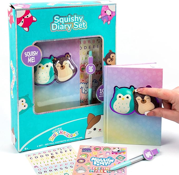 Squishmallows Original Squishy Diary Set, Includes 5 x 7 Diary, 60 Sheets, Kawaii Stickers, Pen, Fun Journaling Kit & Sketchbook for Kids, School Supplies, Journal for Girls