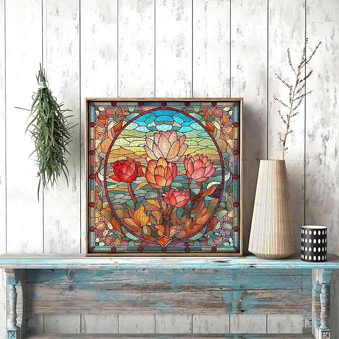 PICKFORU Stained Glass Flower Puzzles for Adults 1000 Pieces, Vintage Art Puzzles Floral, Impossible Hard Challenging for Adults