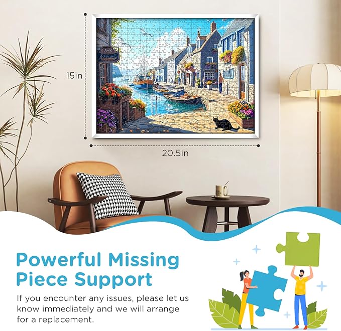 500 Piece Puzzle for Adults, Charming Coastal Village 500 Pieces Jigsaw Puzzles, Seaside Harbor with Cat Puzzle, Perfect for Family Game Night, Ideal Gift for Adults Seniors, 20.5 x 15 in