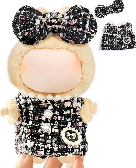 17cm Doll Clothes for Labubu - Luxury Chic Style Set for 17cm Dolls Outfit - Accessories for Dolls Clothes -Black Plaid Tweed Dress + Black Bow (No Doll)