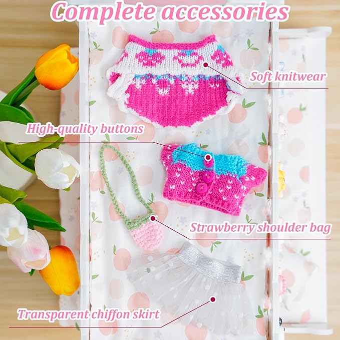 17cm Doll Clothes-Crochet Outfit Accessories Set for 5.91-6.7inch -Crocheted Hat+Pink Strawberry Sweater+White Dress+Bag(NO Doll)
