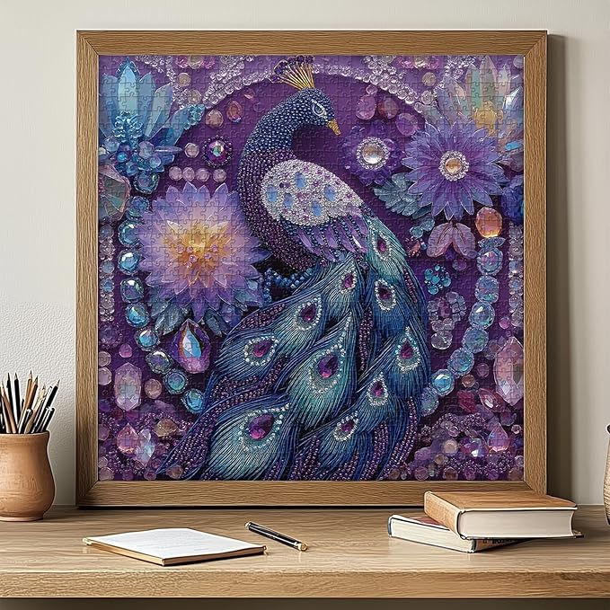 PICKFORU Peacock Puzzles for Adults 1000 Pieces, Purple Diamond Bird Jigsaw Puzzles Flower, Hard Unique Animal Feather Puzzle