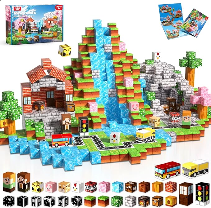 200 PCS 0.8in Magnetic Blocks - Magnet Toys & Magnetic Building Blocks Cubes, Stacking Magnets, STEM Toys for School Acitivities, Birthday Gifts for Boys Age 3+ Years Old (Theme: Forests)