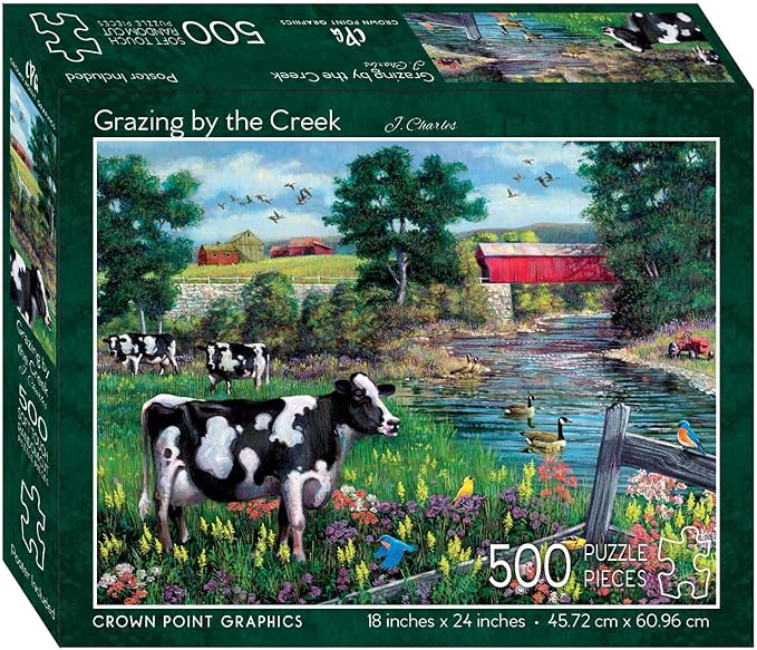 Crown Point Graphics Grazing by The Creek 500 Piece Jigsaw Puzzle, Soft Touch Design, Farm Cow Puzzles for Adults, Made in USA