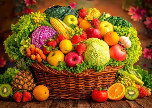 Vibrant Harvest Fruit & Vegetable Basket 1000 Piece Puzzle for Adults - Fresh Produce Art, Farm Scene, Poster & Lettered Back, 28"x20" HD, Gift for Food & Nature Lovers