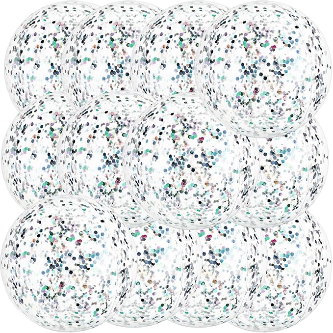 12 Pack Silver Glitter Beach Balls 16" Large Inflatable Sparkly Confetti Pool Balls Glitter Pool Toys PVC Jumbo Sport Ball for Birthday Hawaiian Wedding Christmas Happy New Year Party Favor