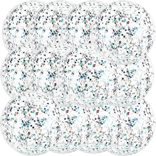 12 Pack Silver Glitter Beach Balls 16" Large Inflatable Sparkly Confetti Pool Balls Glitter Pool Toys PVC Jumbo Sport Ball for Birthday Hawaiian Wedding Christmas Happy New Year Party Favor