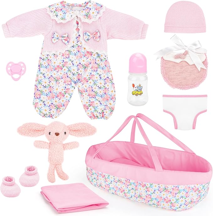 deAO Baby Doll Accessories Set Baby Doll Bassinet for 12-18 Inch Baby Dolls Includes Clothes Carrier Bed Blanket Diapers Pretend Play Set Toys for Kids