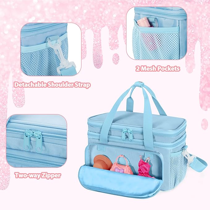 GRAOSO Carrying Case Compatible with Barbie Doll Clothes, Doll Accessories Storage Organizer, Double Layer Design, with Handle and Detachable Shoulder Strap, Case only (Blue)