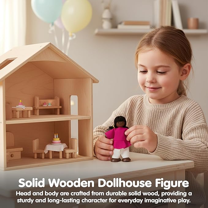 PlanToys® Girl Wooden Dollhouse Figurine | Poseable 1:12 Scale Mini Doll (4 Inch) | Dollhouse Accessories for Pretend Play | Eco-Friendly Montessori Toy for Kids Ages 3+