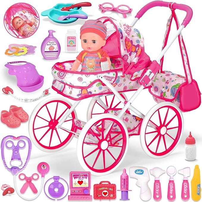 Baby Doll Stroller Toys Set, 12″ Doll with Accessories, 28Pcs Baby Dolls and Stroller Set with Care Bag, Clothes, Baby Bottle, Realistic Pretend Play Toy for Girls 3-5, 4-6, 7 Years Old Toddler Gift