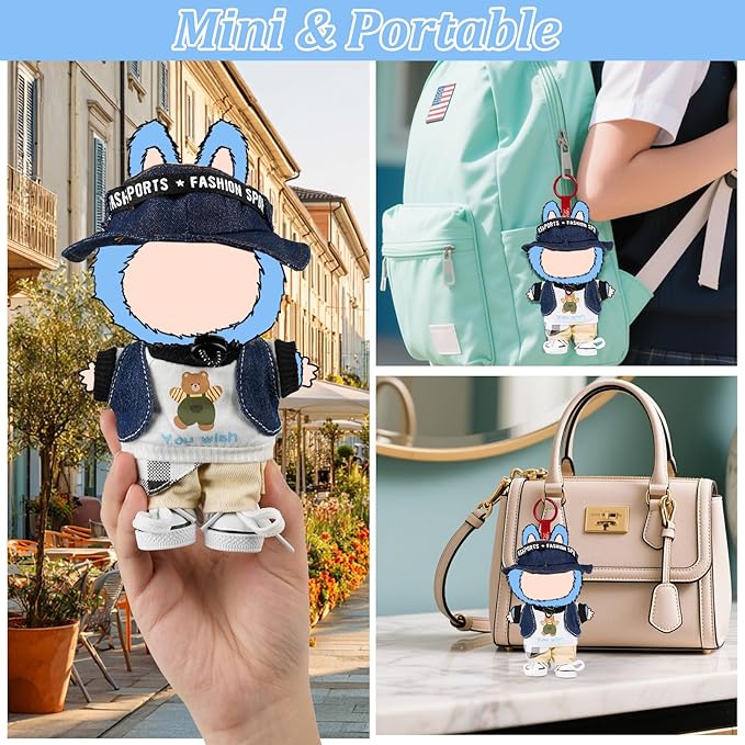 Doll Clothes for 17cm Labubu,Cool Causal Outfit Accessories Clothing for 17cm/6.7inch Doll-Jean Bucket Hat+T-Shirts+Cowboy Vest+Khaki Pants+Canvas+Waist Scarf (White)