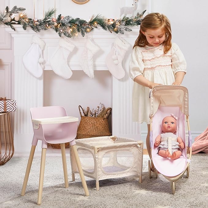 LullaBaby – 14-Inch Realistic Baby Doll & Accessory Bundle – Fair Skin Tone & Blue Eyes – Nursery Care Set – High Chair, Playpen & Jogger Stroller – Pretend Play Toys – Kids 2+ Years