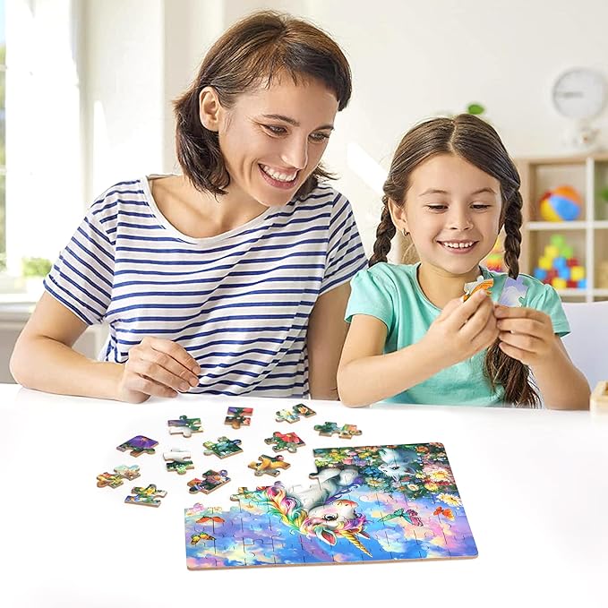 LELEMON Unicorn Puzzles for Kids Ages 4-8,60 Pieces Raibow Unicorns Cats Butterfly Jigsaw Puzzles in a Metal Box,Cute Raibow Unicornss Learning Educational Puzzles for Boys Girls