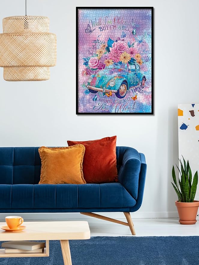 Colorful Car Flower Puzzles for Adults 1000 Pieces, Gradient Inspirational Plant Art Jigsaw Puzzles, Beautiful Butterfly Floral Impossible Aesthetic Puzzle