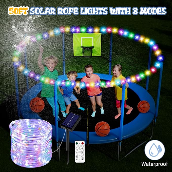 Trampoline Accessories Kit Kids,Basketball Hoop with 3 Mini Basketballs,50FT Solar Lights Fit 8 10 12 14 15 16FT Trampoline Outdoor 8 Mode,Choose from 2 Kits with Sprinkler or Dart Board & Glow Net