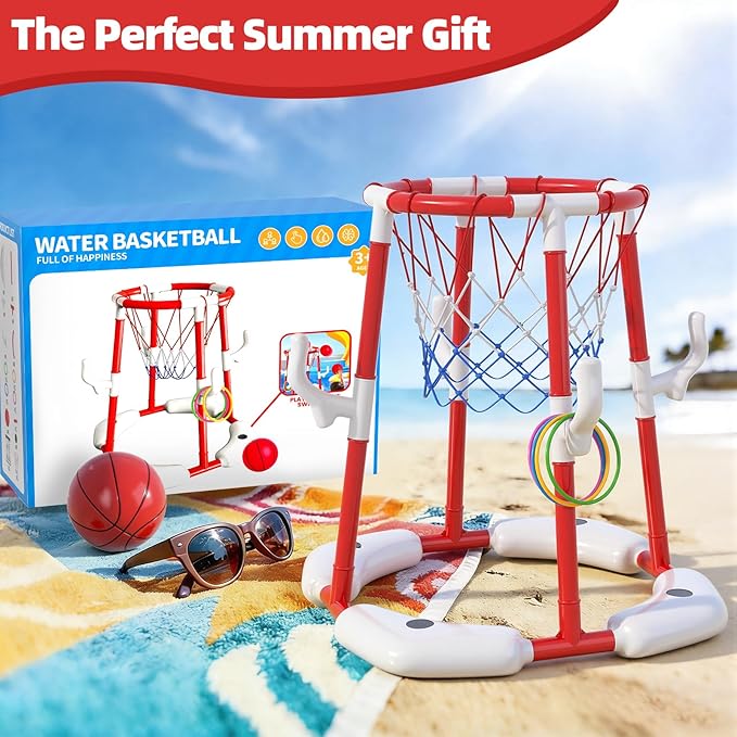 Pool Basketball Hoop for Kids 4-8 & 8-12 Years Old - 2-in-1 Floating & Above Ground Water Game with 4 Balls, 12 Rings & Pump, Outdoor Play Swimming Pool Toy for Adult Summer Party
