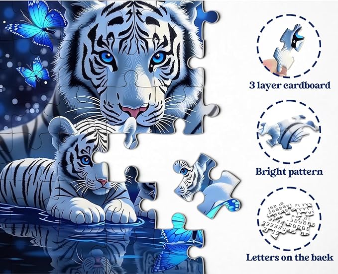 White Tiger Puzzles for Adults 1000 Pieces, Blue Butterfly Nature Jigsaw Puzzle, Challenging Wildlife Animal Art Puzzle, Beautiful Tiger Family Puzzle for Home Wall Decor
