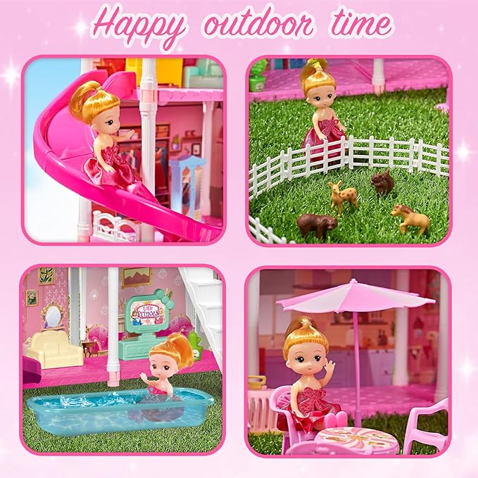 Villa Toys for Girls, 4 Stories 12 Rooms Villa Playhouse with Lights, Doll, Furniture, Bathtub, and Accessories, DIY Pretend Toddlers House kit for 3 4 5 6 7 8 9 10 Year Old Kids