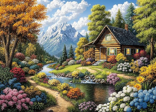 1000 Piece Jigsaw Puzzle for Adults, Mountain Cabin Landscape with Stream & Flowers, Back with Letters, Ideal for Home Decor & Puzzle Lover Gifts