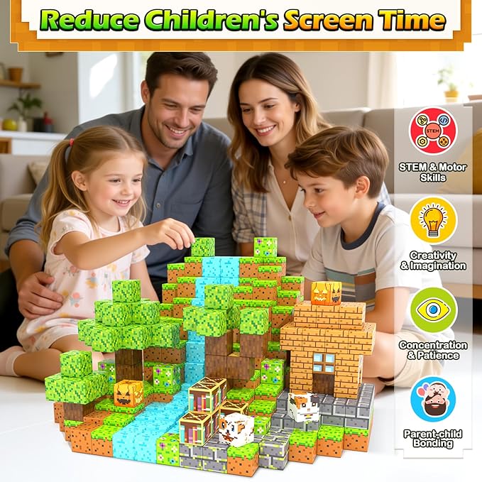 Magnetic Blocks - 100PCS Build Mine Magworld Forest Cottage Set, Kids Building Toys for Boys Girls Age 3-5 4-8 5-7, Construction Craft Sensory Toys Birthday Gifts for 3+ Years Old