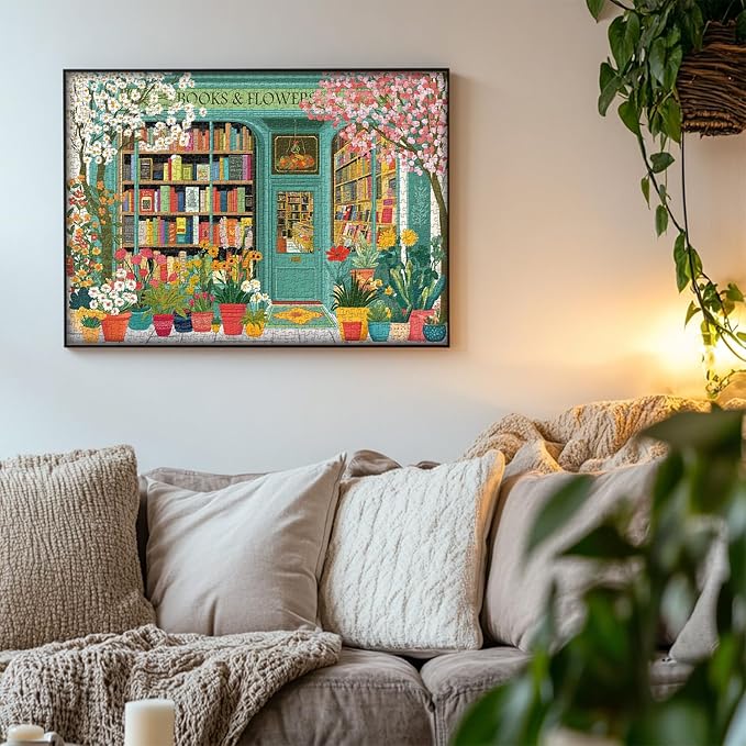 PICKFORU Book Jigsaw Puzzles 1000 Pieces, Spring Flowers Bookstore Puzzles for Adults, Blooming Bookshelf Puzzle as Home Decor