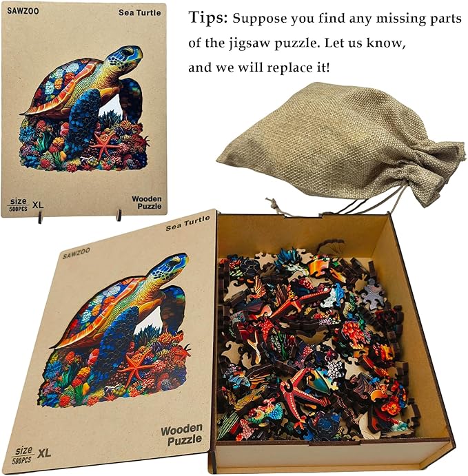 Wooden Jigsaw Puzzles for Adults and Kids, Sea Turtle 500 Piece Unique Shaped Puzzle, Family Game and Creative Wooden Puzzle Gift, Wall Art Decor