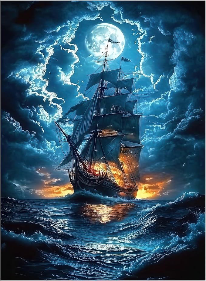 500 Piece Puzzles for Adults, Pirate Ship Night Sea Jigsaw Puzzle Full Moon Stormy Ocean Scene, Cardboard Puzzle with Letters on Back for Game Nights & Home Decor, 15×20 Inch