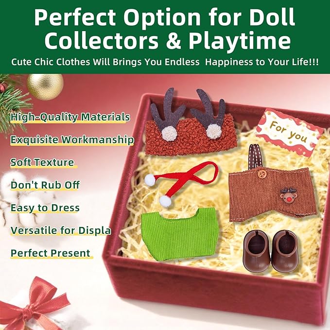 Clothes for Labubu 17cm Doll (NO Doll), 5 Piece Labubu Clothes Set, Cute Labubu Outfits with Accessories, Handmade Crochet La Bubu Doll Dress Up Set（Christmas Reindeer）