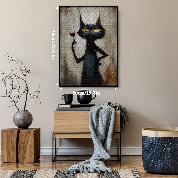 Black Cat Wine Puzzle for Adults 1000 Piece, Vintage Funny Kitten Jigsaw Puzzle Animal, Abstract Art Difficult Challenging Puzzle