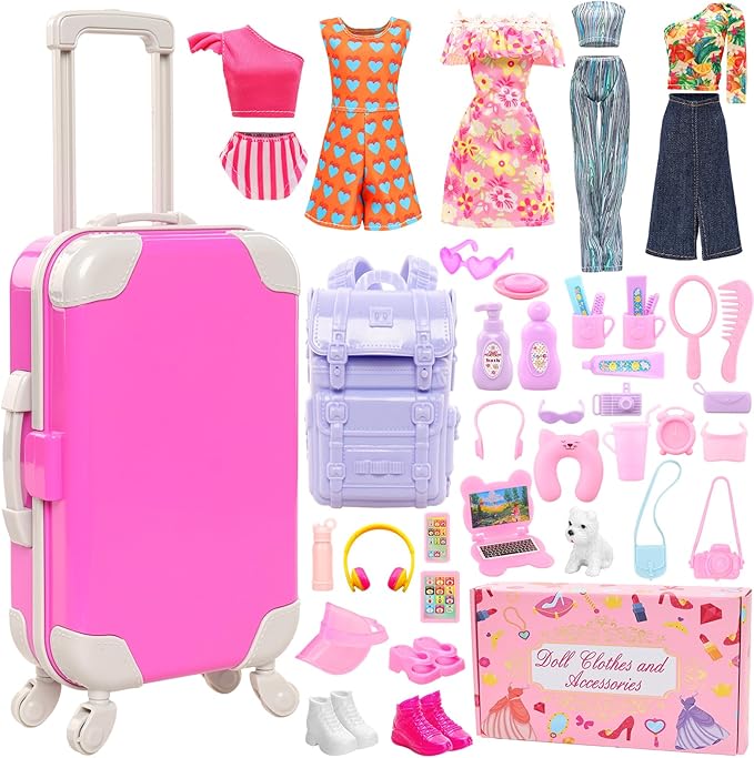 40 PCS Doll Travel Accessories Playset Includes Travel Luggage Suitcase 5 Clothes 1 Backpack 3 Pairs of Shoes & 32 Accessories Headset Puppy Toiletories,etc Travel Toy Set for 11.5 Inch Girl Dolls