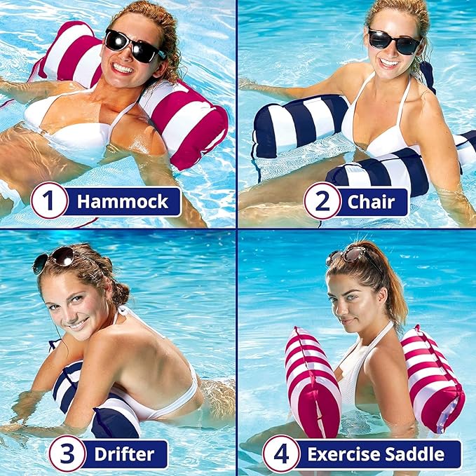 Aqua 4-in-1 Monterey Hammock Pool Float & Water Hammock, Multi-Purpose, Inflatable Pool Floats for Adults, Patented Thick, Non-Stick PVC Material, One Navy & One Burgundy/White Stripe, 2-Pack