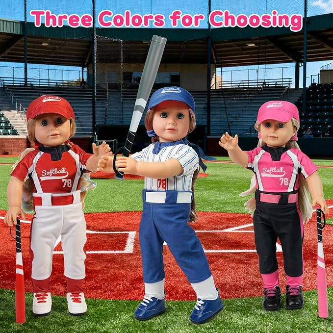 ARTST Softball Uniform Doll Outfit-18 inch Doll Clothes and Accessories Set-Hat Baseball Clothing Bat Shoes Socks, Valentine's Gifts for Girls Spring T-Ball