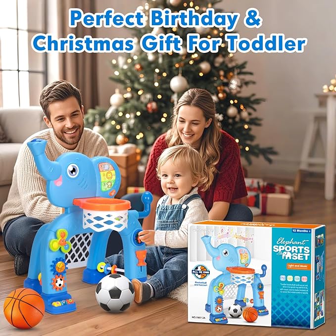Toddler Basketball Hoop & Soccer Goal, Toys for 1 2 3 Year Old Boys Girls, Kids Sports Toy with Light Sound Music, Montessori Toys for Baby 12-18 Months, Christmas Birthday Gifts for Ages 1-3(Blue）