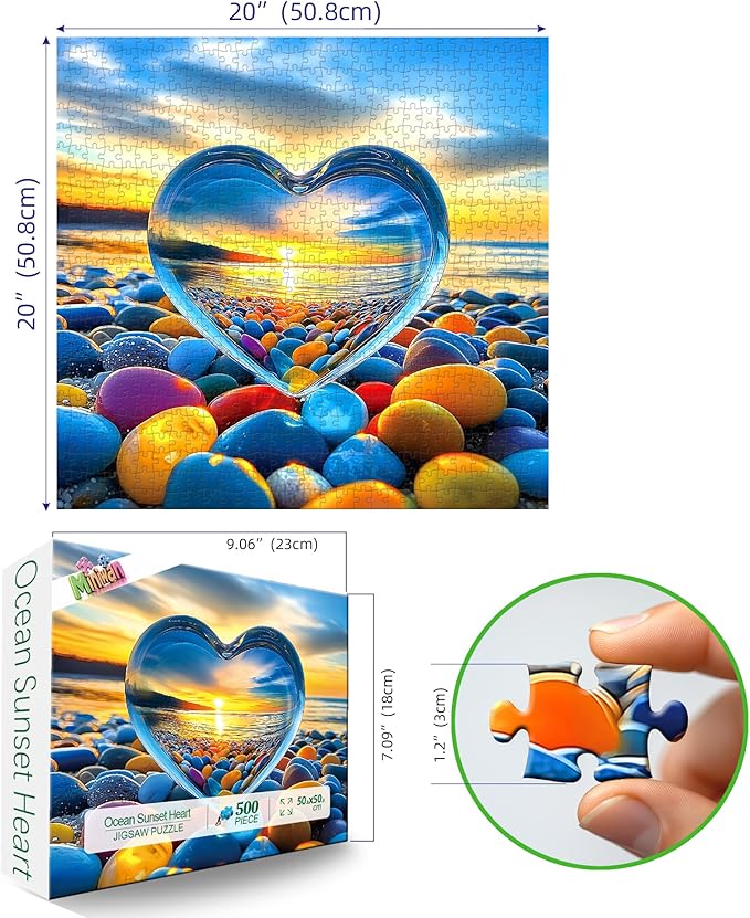 MINIWAN 500 Piece Jigsaw Puzzle for Adults - Heart of Glass: Sunset Beach with Colorful Pebbles, 20x20 Inch Large Piece Unique Art Puzzle, Challenging Hard Difficult Puzzles for Adults