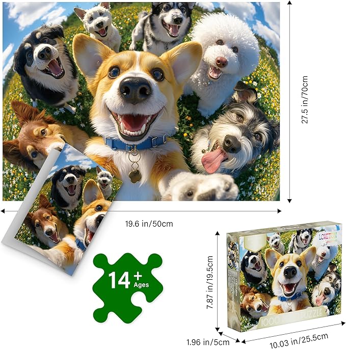 Puzzles for Adults 1000 Pieces - Dog Selfie, Pup Selfie Fiesta Adults Puzzles Lawn Dogs Park, Letter on Back No Dust, Matte Finish Funny Puppies Jigsaw Puzzles Home Decor, 27.5" x 19.7" Gifts Games