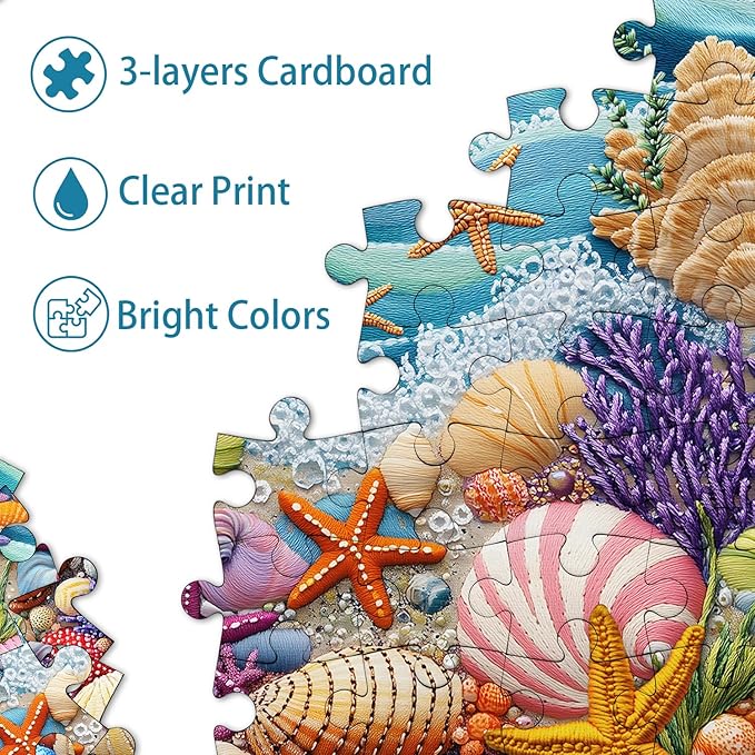 PICKFORU Beach Puzzles for Adults 1000 Pieces, Colorful Seashells Puzzle Sea Coral Starfish，Impossible Ocean Jigsaw Puzzles as Home Art