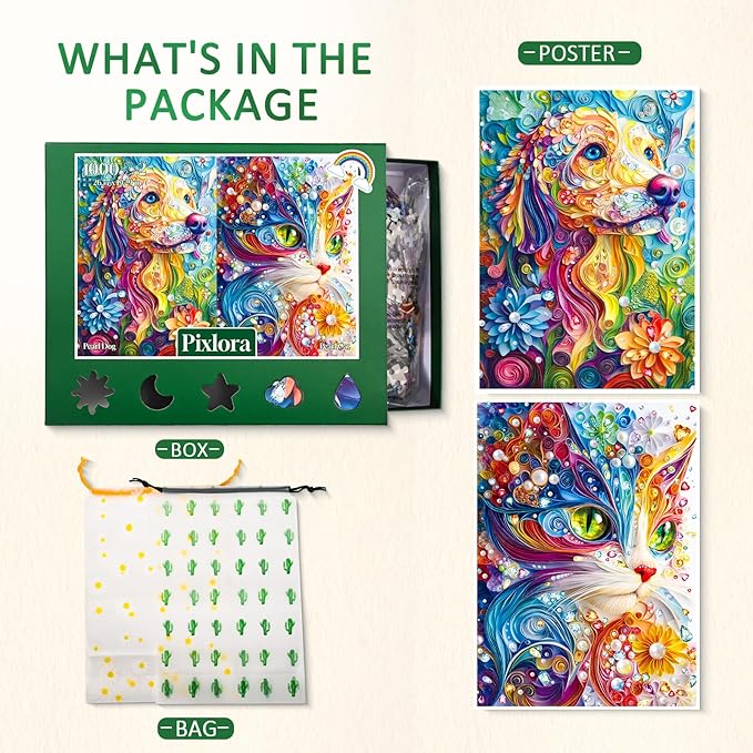 1000 Piece Puzzles for Adults, 2 Pack of Challenging Shaped Cat Puzzles, Pearl Cat and Pearl Dog Theme, Idea Gifts
