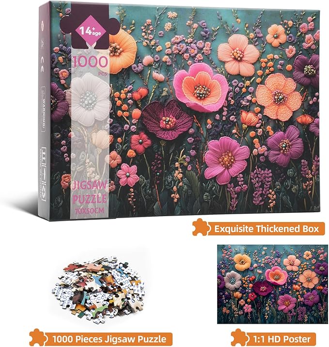 Jigsaw Puzzle 1000 Pieces Embroidered Flower Puzzle Intricate Thread Art, Vintage Botanical Home Decor