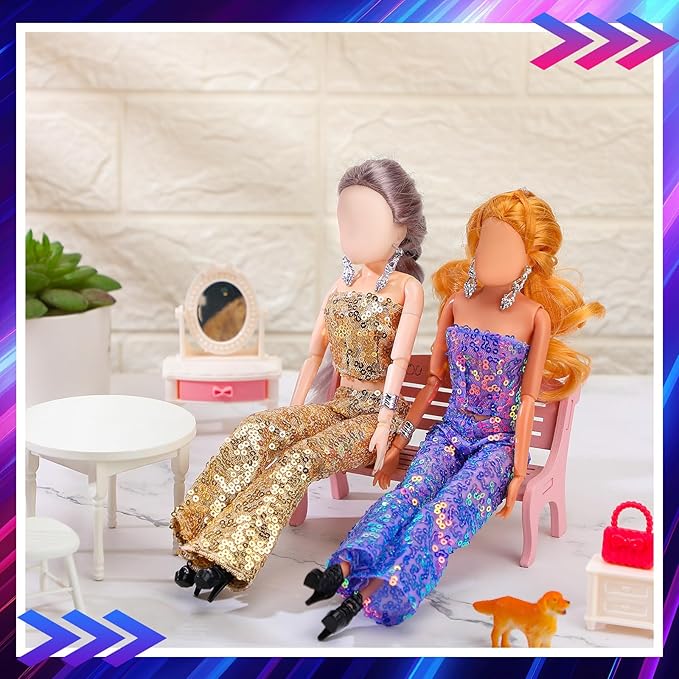 Bencailor 6 Pcs Doll Clothes for 11.8 Inch Doll Clothing Outfit Accessories Winter Coat Tops Swimwear T Shirt Dress Outfit Birthday Gift(Sequin Style,Metallic Color)