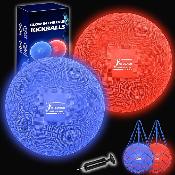 8.5 Inch Light up Kickball Set, Dodgeballs 2 Pack, Playground Balls Gift for Kids, Glow Bouncy Balls Includes Pump Storage Bag, Handball for Night, Glow in The Dark Party Supplies