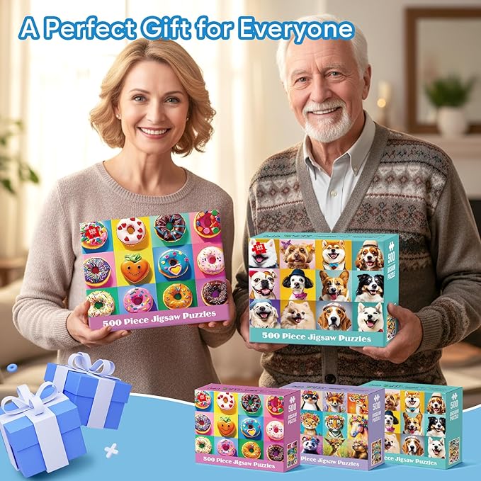 3 Pack 500 Piece Puzzles for Adults, Beautiful Wild Animals Jigsaw Puzzle for Teens Seniors, Recycled Cardboard Donut Dogs Puzzle 500 Piece, Family Activity Great Gift for Friends 20.5 * 15 inch