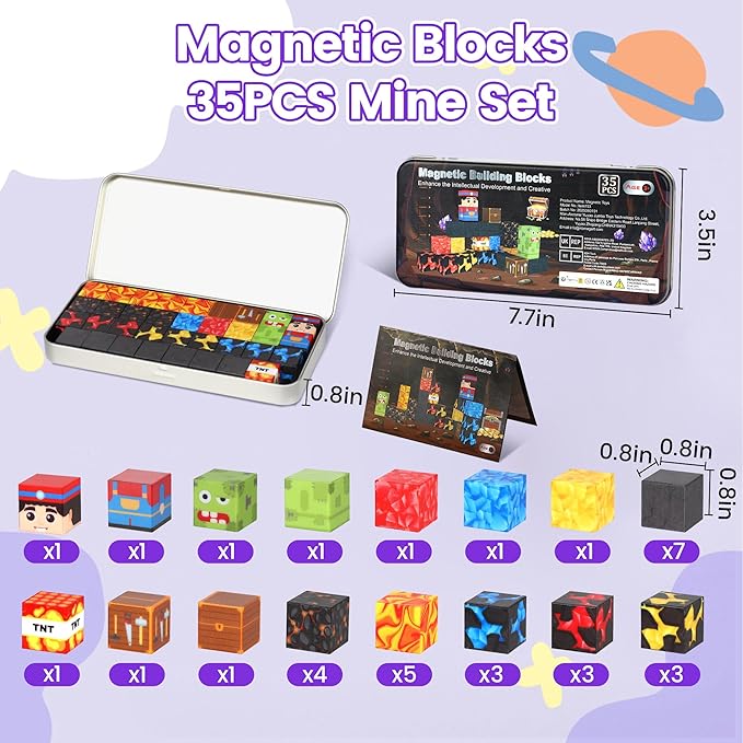 35PCS Magnetic Blocks Travel Set, Mini Magnetic Blocks Travel Toys for Kids Ages 3-5 4-8, Portable Magnet Cubes STEM Learning Toys with Portable Iron Storage Box Christmas Birthday Gifts